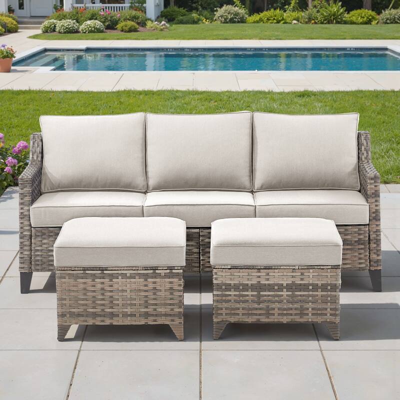 Pocassy Outdoor All-Weather Outdoor Sofa, Swivel Chair, Ottoman Sets - Grey Wicker Beige Cushion - 3 Pieces Sofa with Ottoman