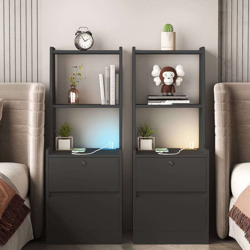 Modern Nightstand with Charging Station, Night Light, and Storage Cabinet