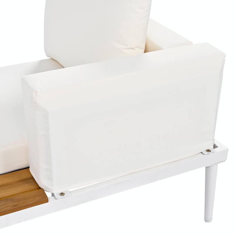 Modern Outdoor Metal Daybed with Wood Topped Side Spaces, 2-in-1 Padded Chaise Lounges