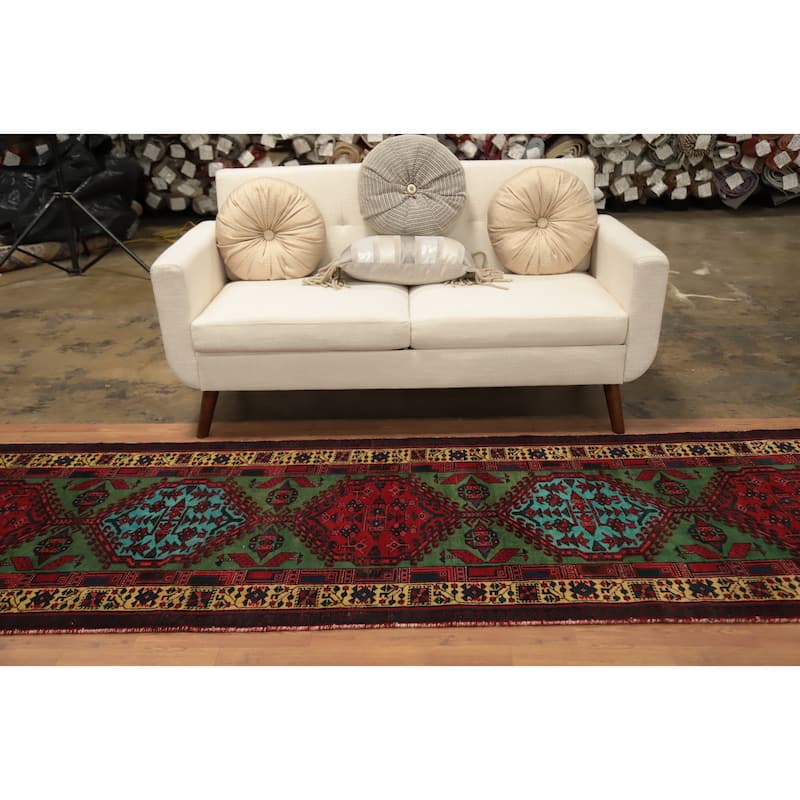 Hand Knotted Oriental 100% Wool Carpet Traditional Geometric Green Ardebil Runner Rug - 11' 2'' X 3' 4''
