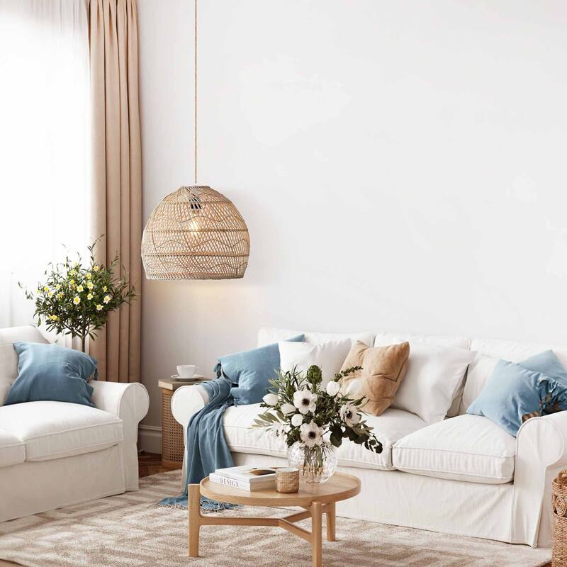 Santana Rattan Pendant Light - Natural Dome 1-Light Handwoven Light Fixture For Modern, Contemporary, Farmhouse Room Decor