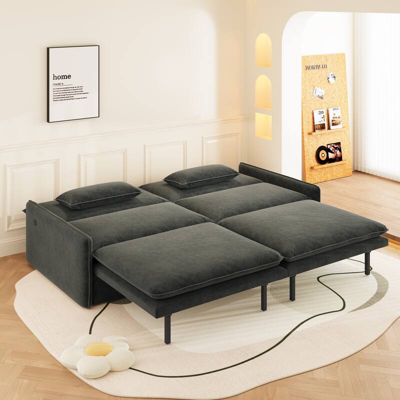 GDFStudio - Chenille 4-Seater Convertible Sleeper Sofa with Storage & USB Port