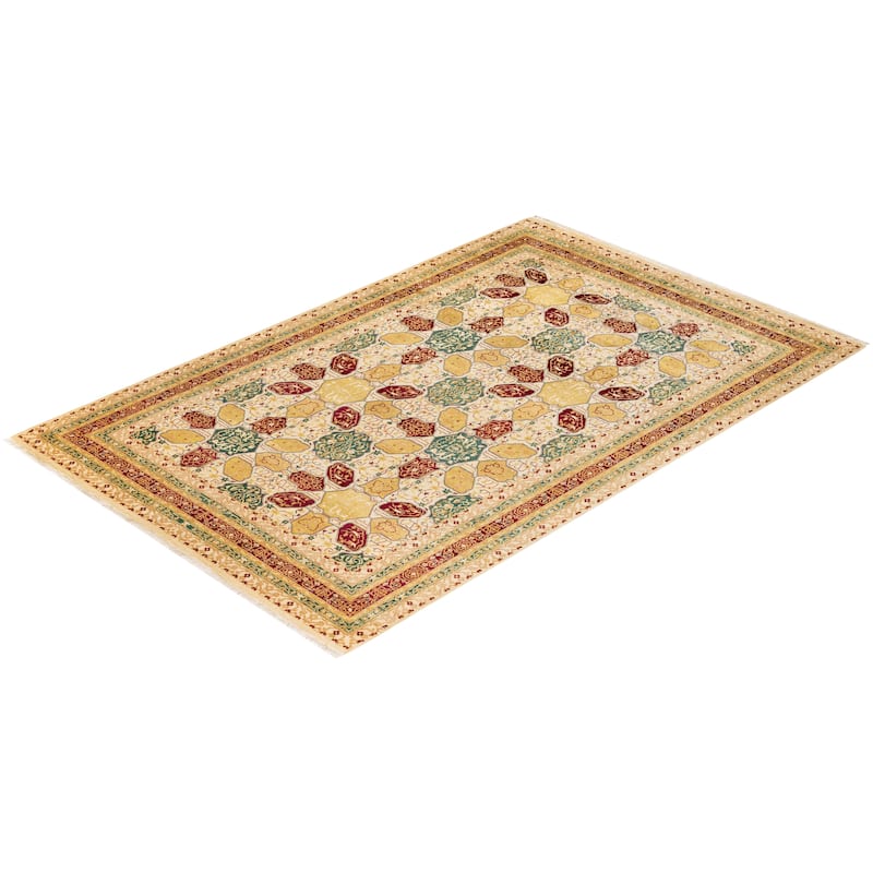 Overton Handknotted Wool Traditional Geometric Ivory Area Rug - 6' x 9'