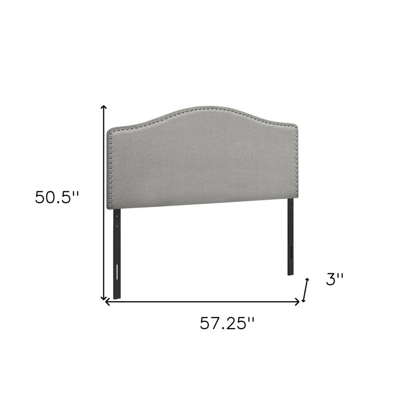 HomeRoots Gray Linen Blend Upholstered Arched Full Headboard With Nail Head Trim