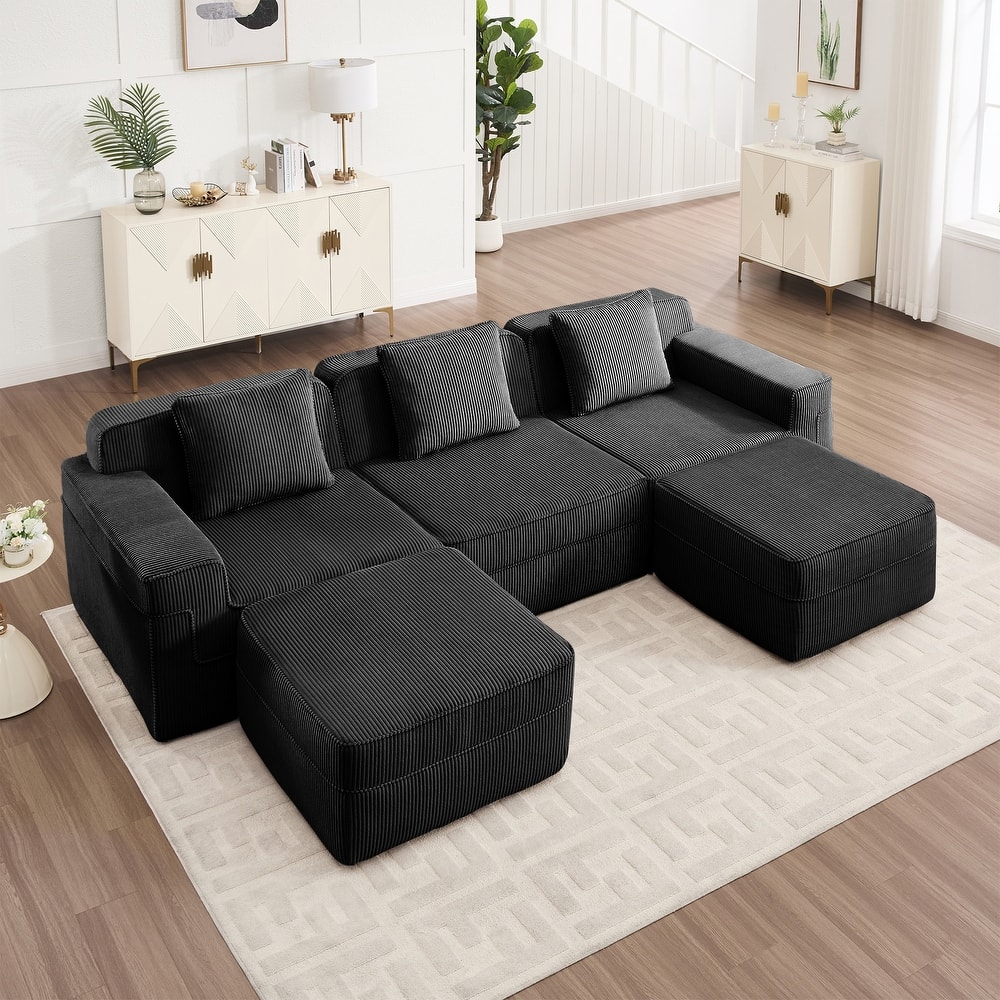 GDFStudio - Corduroy Modular 3-Seater 117.3" U-Shaped Boneless Cloud Sofa with 2 Ottomans