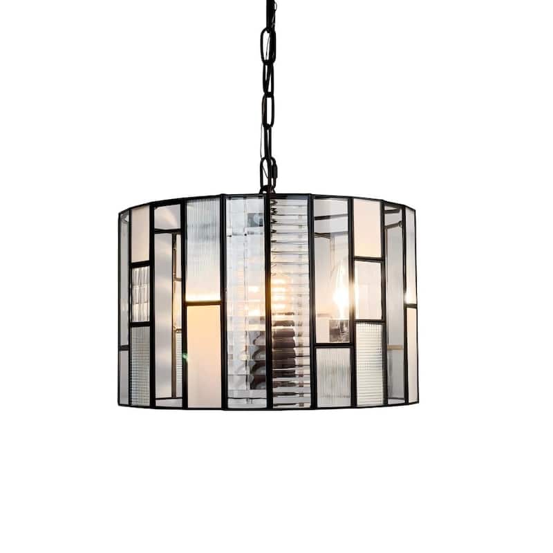 Modern Matte Black Drum Chandelier 4-Light Art Glass Pendant with Adjustable Chain for Any Indoor Setting - W14" - W14" - Matte Black