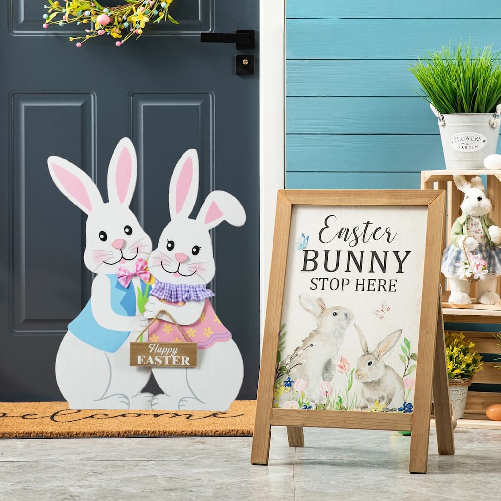 Glitzhome 24"H Easter Wooden Bunny Easel Porch Sign Wall Hanging Outdoor Indoor Decor
