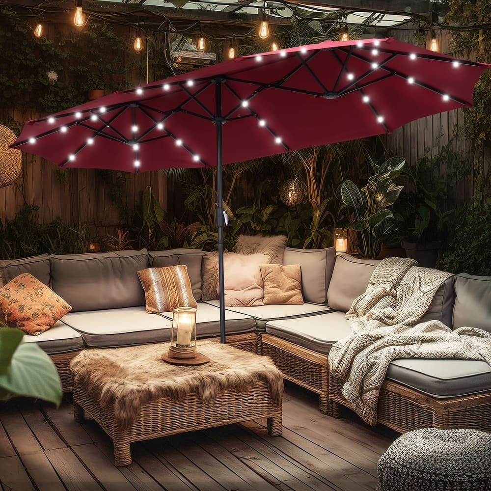 Ainfox 13ft Double-sided Patio Umbrella Solar LED Lighted Outdoor Martet Umbrella with Base