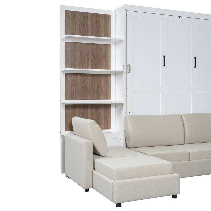 Convertible Queen Murphy Wall Bed with Sectional Sofa & 4-Tier Bookcase by Harper&Bright Designs