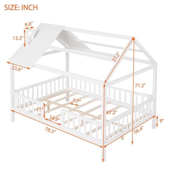 dimension image slide 0 of 3, Full Size Wood House Bed with Fence, Playhouse Design for Kids, Sturdy Pine Construction, Customizable Decor