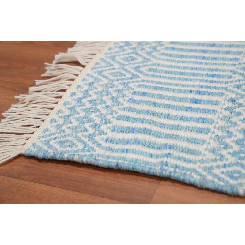 Hand Woven Oriental 100% Wool Carpet Traditional Geometric Navy Blue & Blues Durrie-Kilim Area Rug - 8' 4'' X 5' 0''