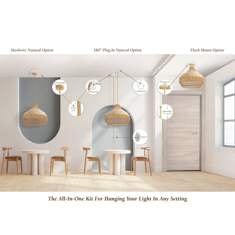 Beatrice Rattan Pendant Light - Natural Dome 1-Light Handwoven Hanging Light For Modern, Transitional, Farmhouse Room Decor