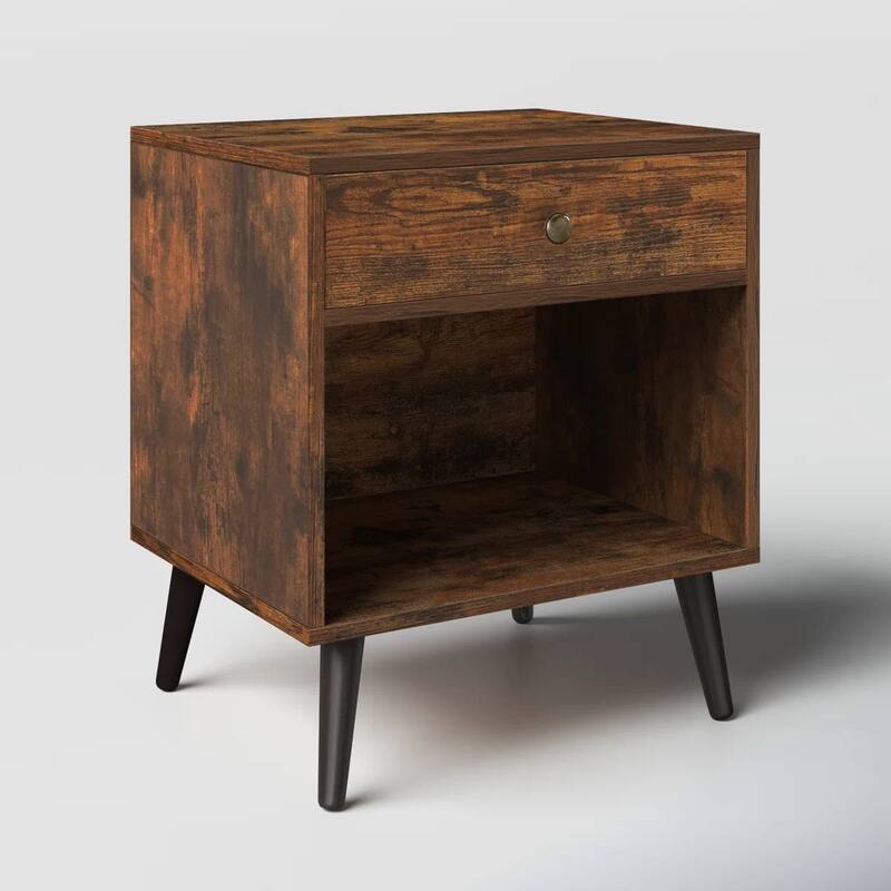 Solid Wood Nightstand with Drawer and Open Shelf - Rustic Brown