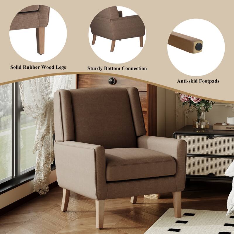 Mid-Century Linen Wing Chair - Tailored Channel Tufting & Walnut Tapered Legs, Compact Accent for Reading Nooks