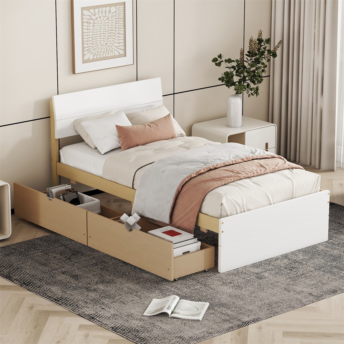 Modern Twin Bed Frame With 2 Drawers White Headboard and Footboard Bed Bath Beyond 40134470