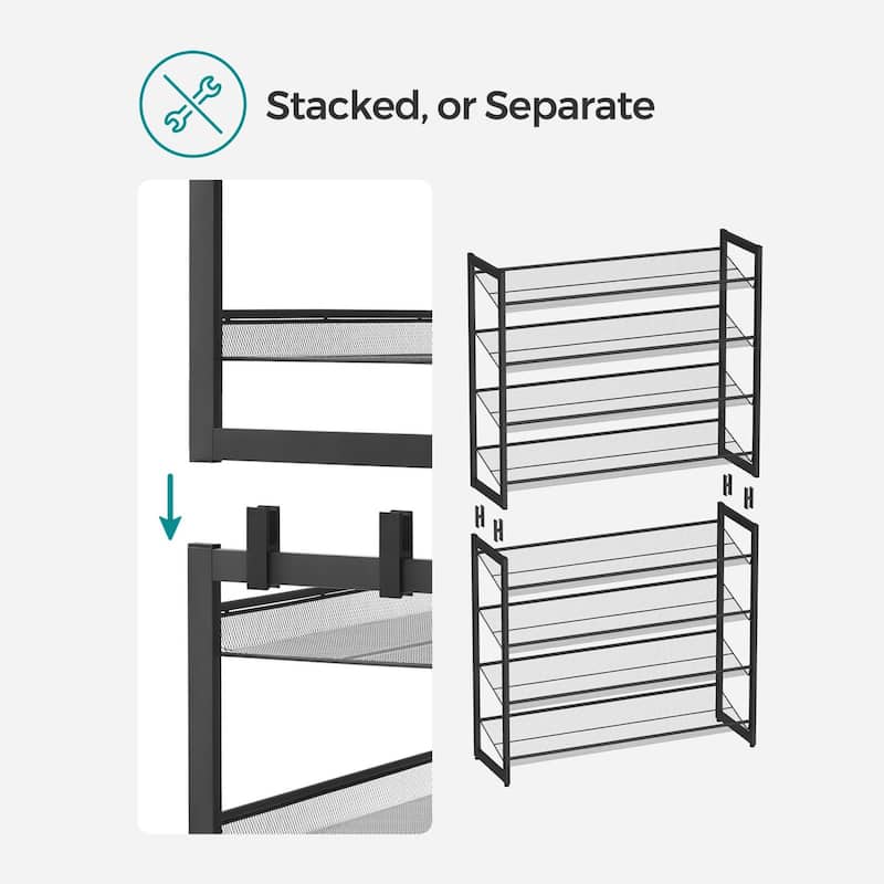 Black Stackable Freestanding Metal 8-Tier Shoe Shelf Organizer for 40 Pairs with Mesh Shelves - 12.1''D x 36.4''W x 64.4''H