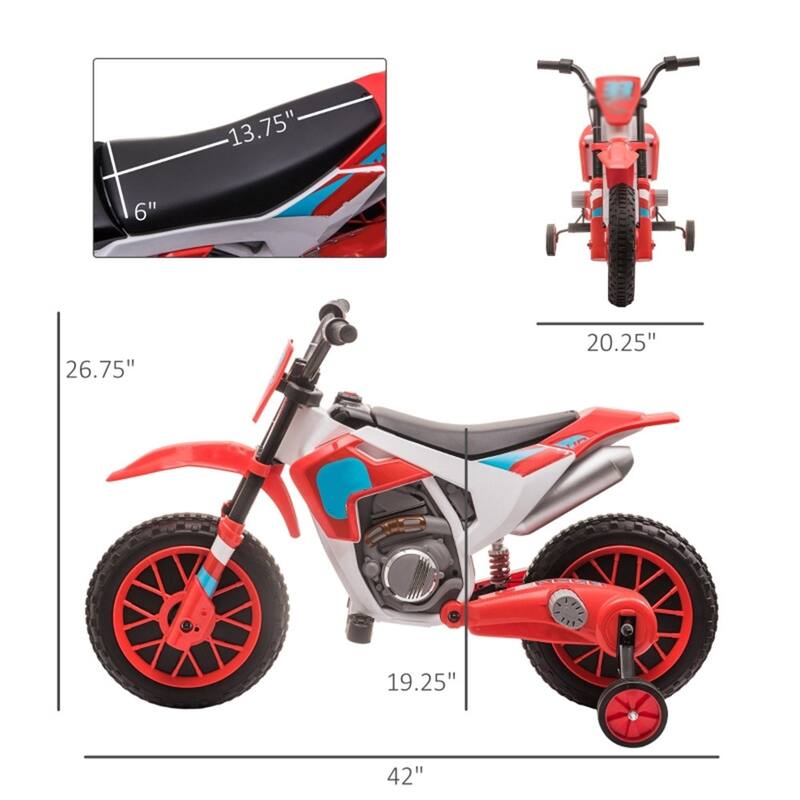 Kids Ride-On Motorcycle 12V with Rechargeable Battery and Dual Shock Removable Training Wheels - 42"L x 20.25"W x 26.75"H