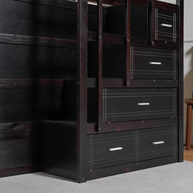 Full Over Full Bunk Bed with Twin Trundle and Storage Staircase, Solid Wood Frame, Space-Saving Design