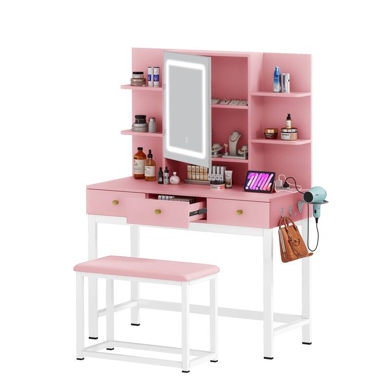 Moasis 3 Drawers Makeup Vanity Desk Set with Lights and Mirror & Stool