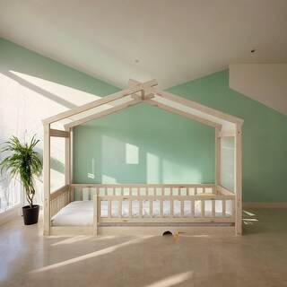 Full Size Wood Bed House Bed Frame with Fence, for Kids - Bed Bath ...