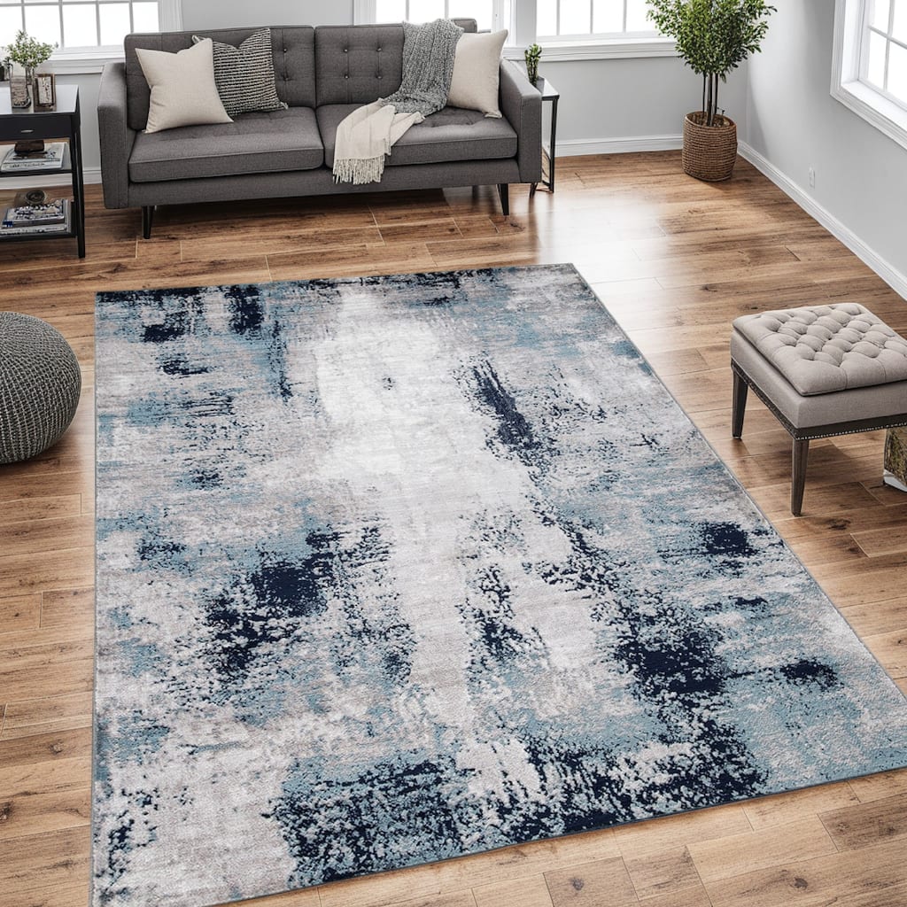 Nel 8 x 10 Large Area Rug, Machine Woven Abstract Design, Blue White - 8 x 10