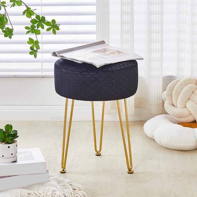 Modern Velvet Ottoman Footstool with Cushioned Seat and Metal Frame for Bedroom or Living Room - 13”L x 13”W x 17”H
