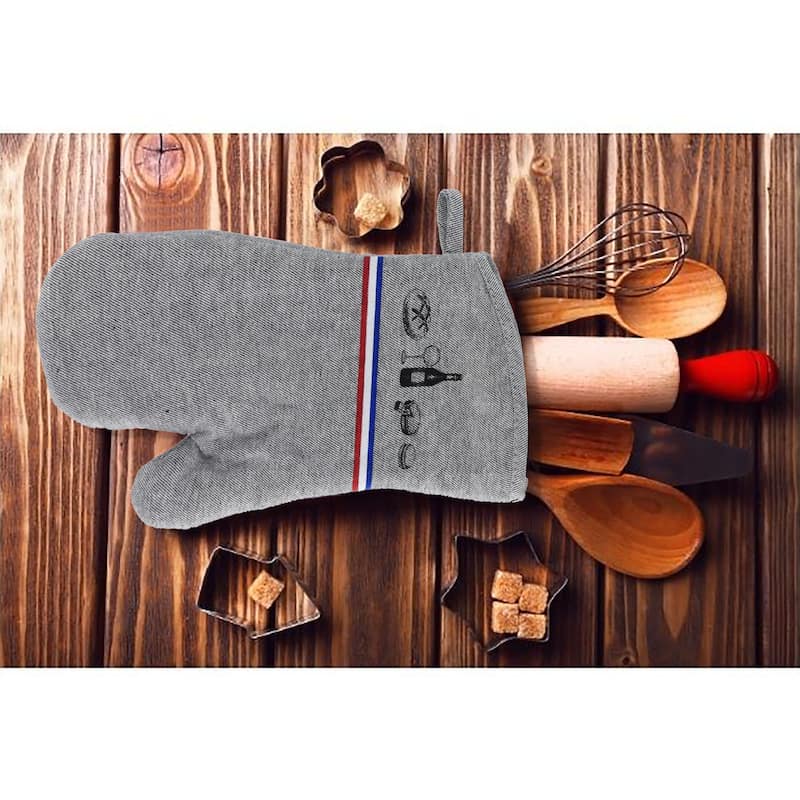 Chef's French Culinary Cotton Oven Mitt - Heat Resistant 11x7 Inch - Wine & Delicacies Design for Gourmet Kitchens