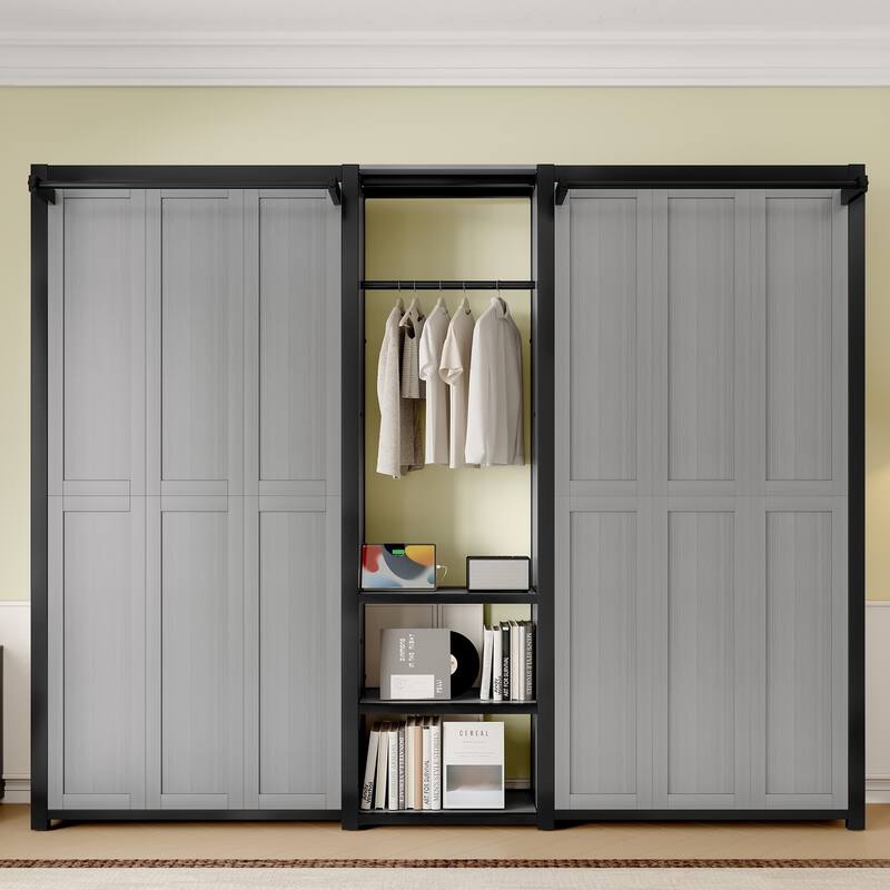 Twin and Twin Size Metal Foldable Murphy Bed Frame with Wardrobe - Grey