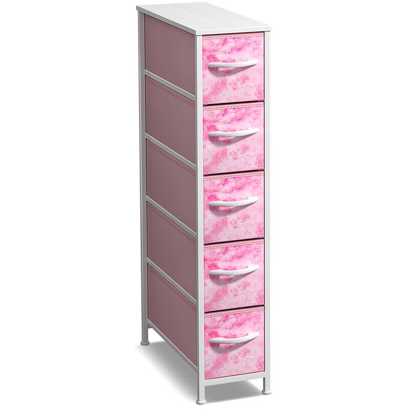 Sorbus Narrow Dresser with 5 Drawers - Vertical Slim Storage Chest of Drawers with Steel Frame, Wood Top & Easy Pull Fabric Bins - Tie Dye Pink