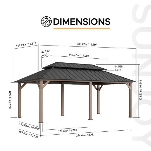 Sunjoy 12x20 ft. Wood Gazebo, Outdoor Patio Steel Hardtop Gazebo, Cedar Framed Wooden Gazebo with 2-tier Metal Roof