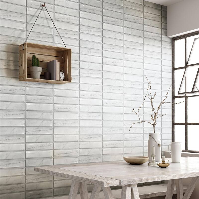 Merola Tile Classico Carrara Glossy Metro 3" x 12" Ceramic Wall Tile
