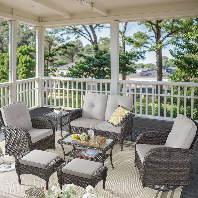 Outdoor Loveseat Sofa Patio Ottomans with Swivel Chairs - Brown - Beige