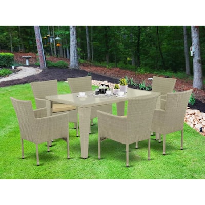 HomeStock 7-Piece Natural Oak Finish Solid Wood Top Dining Table with 6 Chairs with Lattice Back