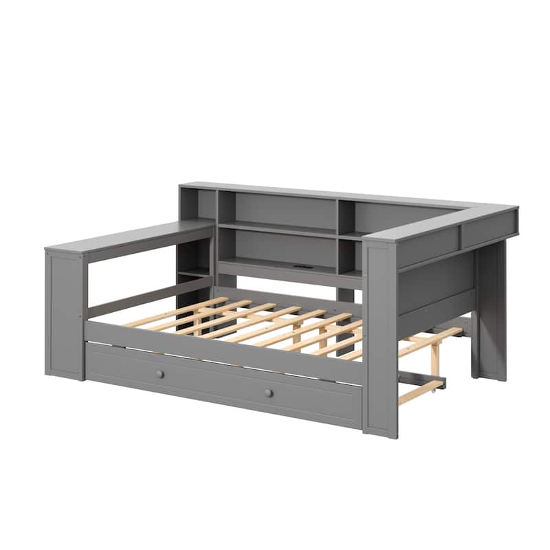 Wood Daybed with Desk, LED Upholstered Headboard, Storage Shelves Built-in Charging Station, Optional Drawers or Trundle