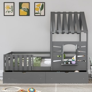 Twin Size House Bed Wood Kids Bed Frame with 2 Storage Drawers, Window and Guardrails for Bedroom, Easy Assembly