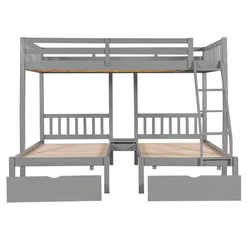 Full Over Twin & Twin Triple Bunk Bed with Drawers and Guardrails