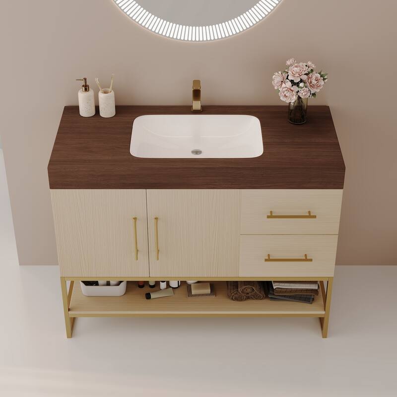 GDFStudio - Luxury 36" Freestanding Sintered Stone Bathroom Vanity with Seamless Ceramic Sink, Open Storage & Soft-Close Drawers