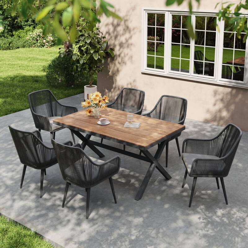 Outdoor Dining Set with Aluminum X-Leg Table and PE Rattan Chairs - Black
