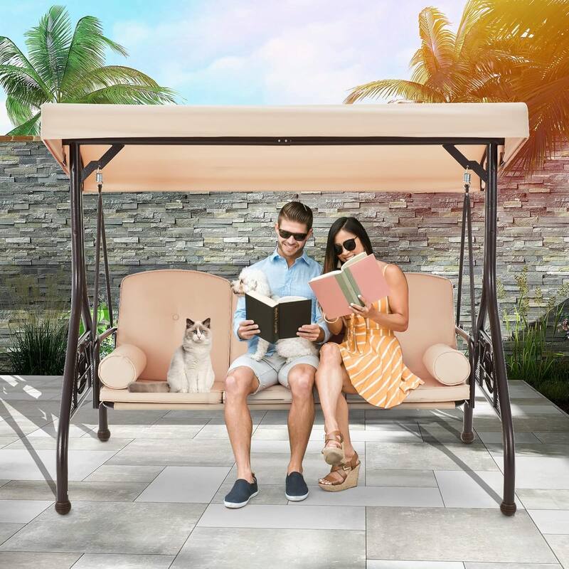 Outdoor 3-Seat Porch Swing with Adjustable Canopy & Cup Holder,Porch Swing Glider Chair, Heavy-Duty Steel Frame