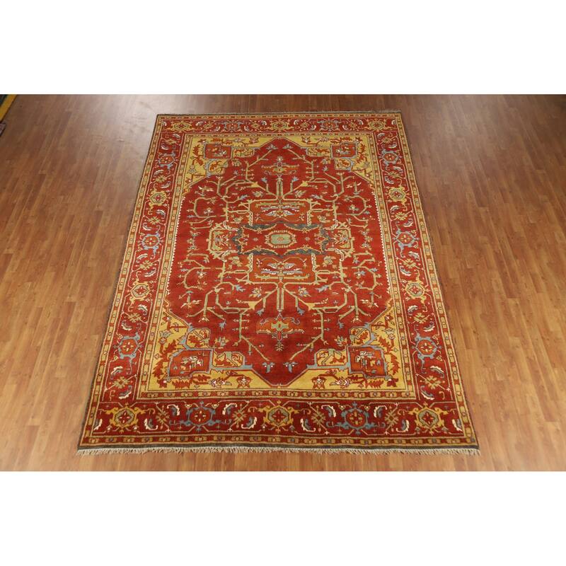 Red Medallion Heriz Serapi Indian Area Rug Hand-Knotted Wool Carpet - 8'8" x 11'9"