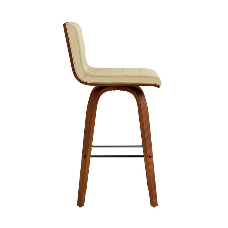 Modern Swivel Bar Stool with Low Backrest and Footrest Upholstered Walnut Finish Solid Wood Frame