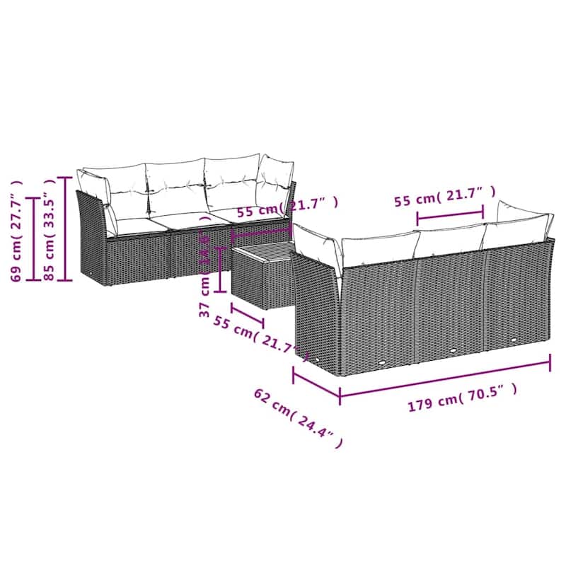 vidaXL Patio Sofa Set with Cushions Outdoor Furniture 7 Piece Poly Rattan - 21.7 x 21.7 x 14.6