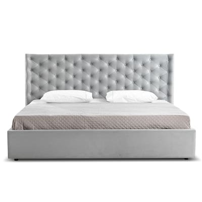 PARKER bed in gray velvet fabric tufted headboard with storage.