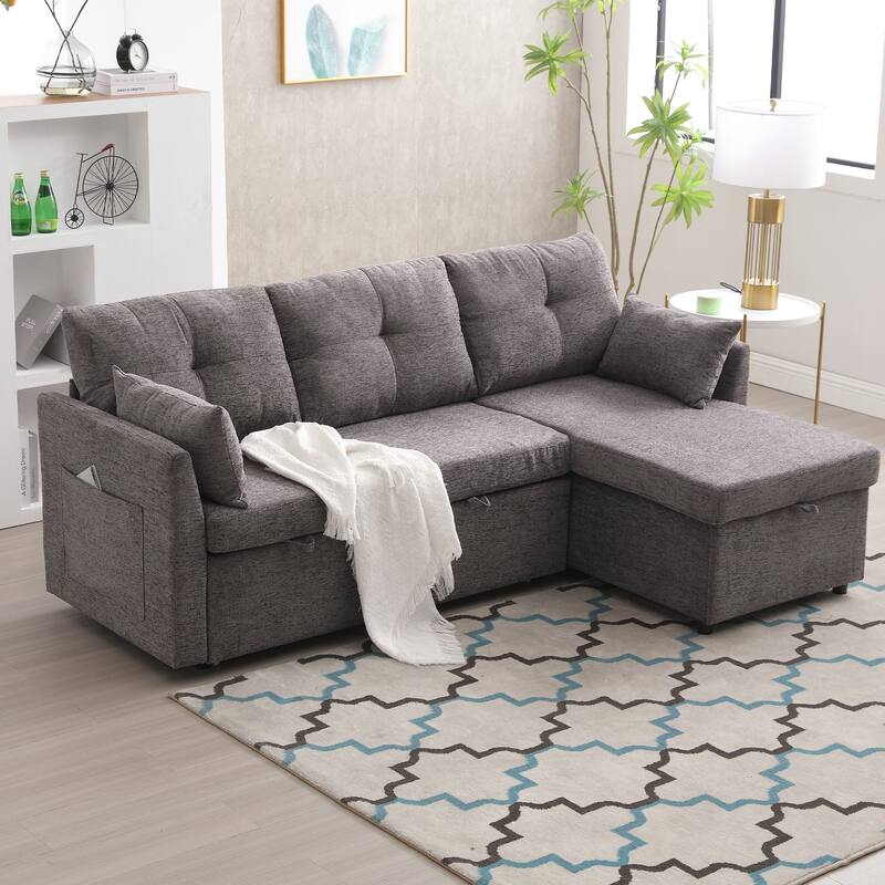 Corduroy/Chenille Upholstered L-Shaped Storage Reversible Chaise Sectional Sofa with Side Pocket