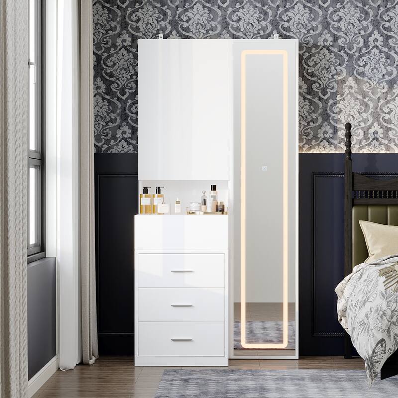 LED Full Length Mirror Jewelry Cabinet with 3 Drawers & Sliding Storage, Lighted Vanity Storage Dresser