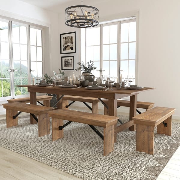 slide 2 of 10, Solid Pine Folding Farm Table Set with 6 Benches Antique Rustic