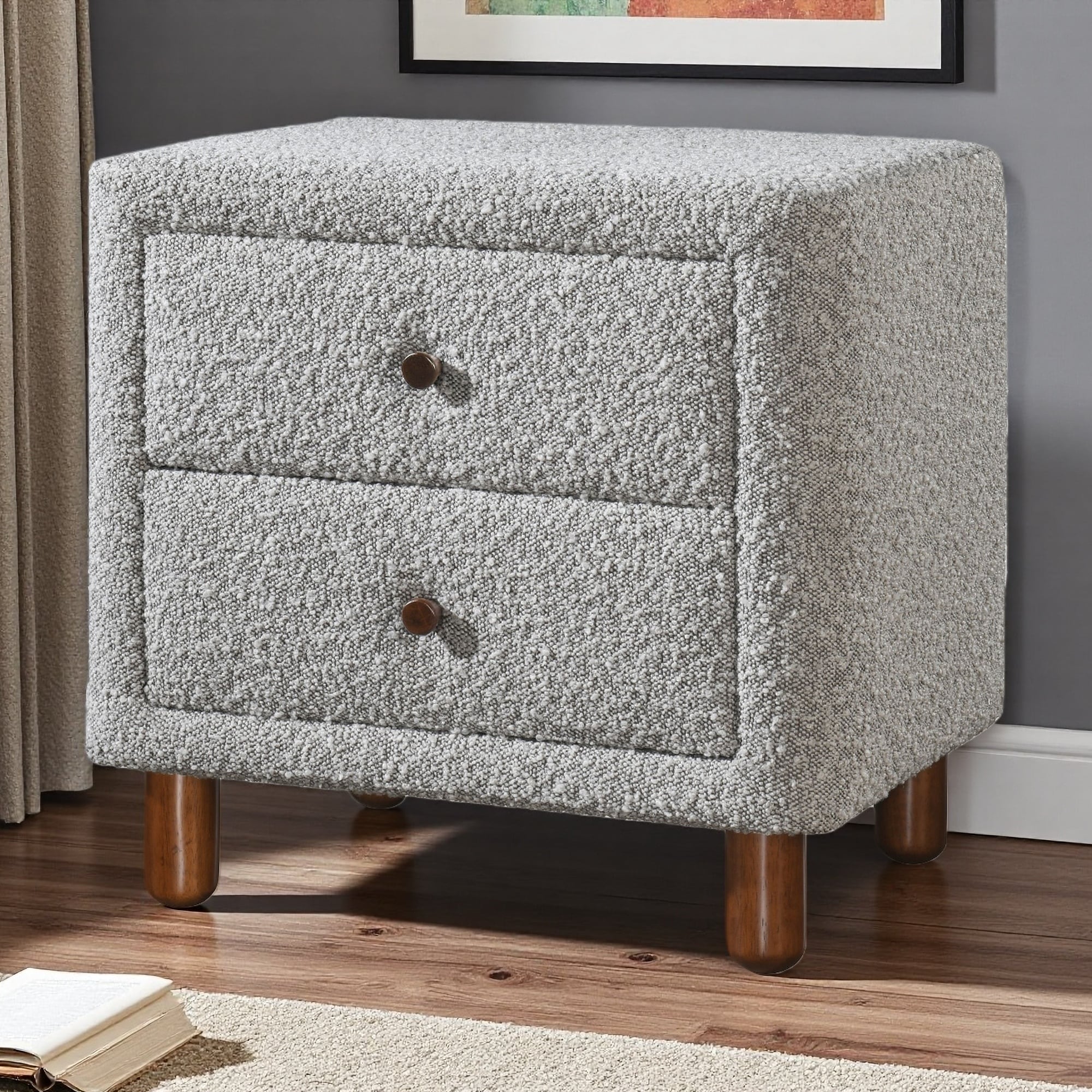 20"L Rubber Wood & MDF Boucle Nightstand with Full-Extension Drawer and Contemporary Design