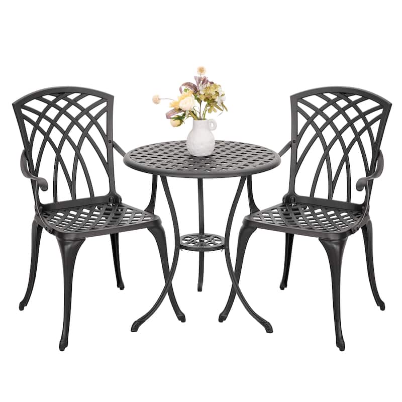 3-Piece Outdoor Patio Bistro Set,24 Inch Cast Aluminum Bistro Table with Umbrella Hole and 2 Bistro Chairs