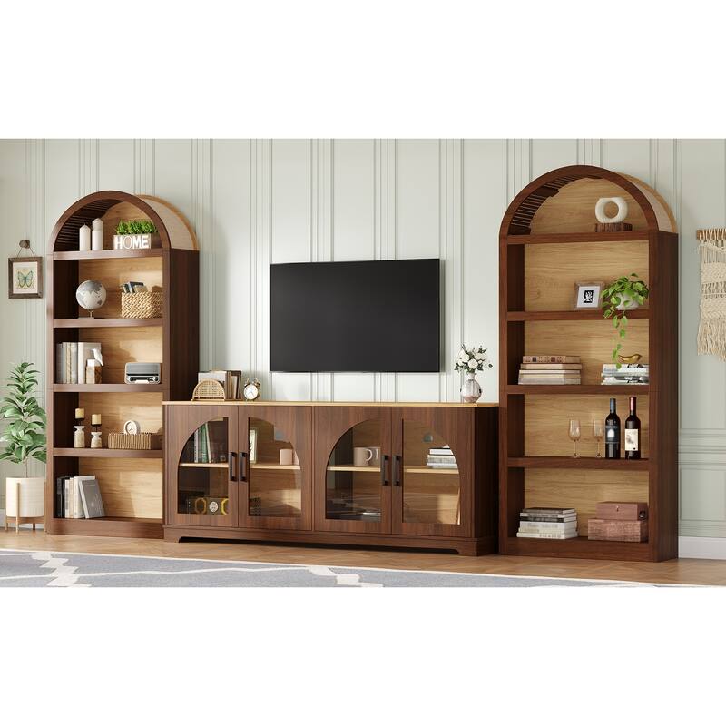 3-Piece TV Stand Set with Bookshelf for TVs Up to 70", Wood Grain Entertainment Center with Arched Design, Tempered Glass Doors