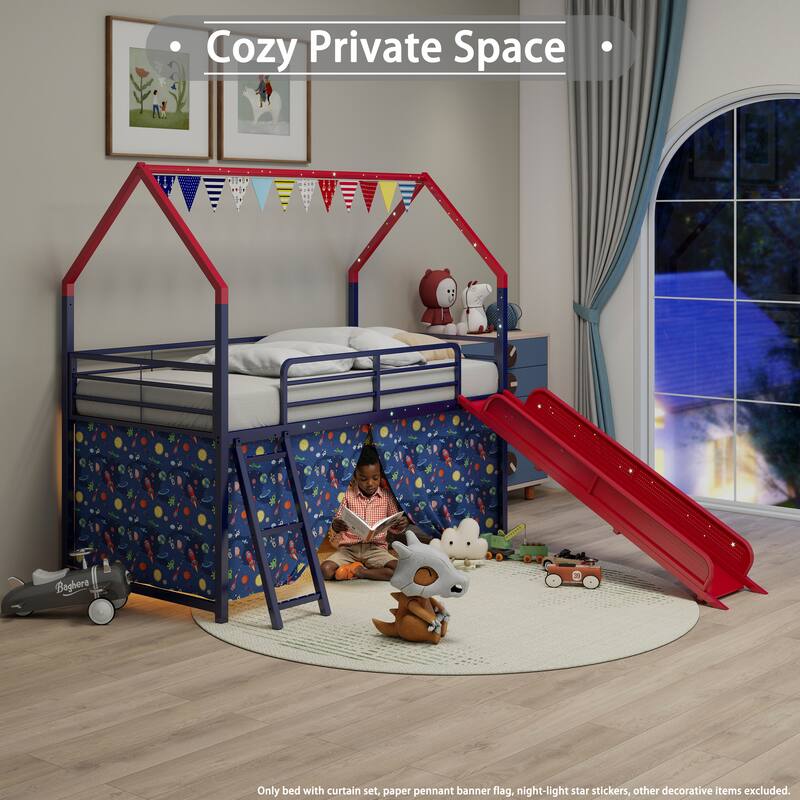 Metal Junior House Twin Loft Bed with Slide and Curtain Set and Pennant Banner Flag and Star Stickers